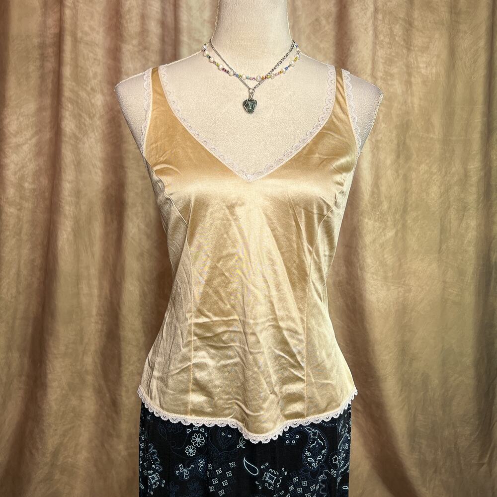 Vintage Satin Cami Slip Tank Top 80s Scalloped Lace Trim Sleeveless Princess